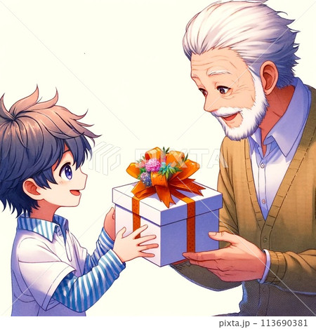 おじいちゃんに誕生日プレゼントを渡す男の子 113690381