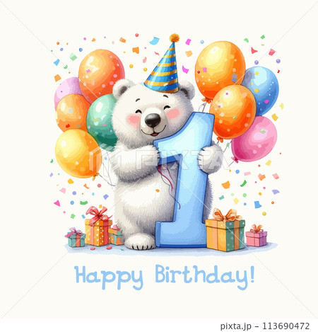 Watercolor birthday card with big number one and gift boxes. 113690472