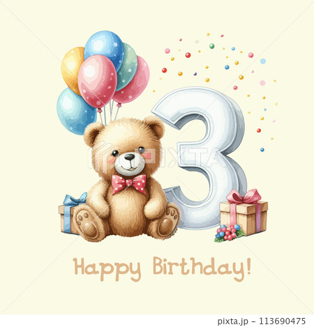Watercolor birthday card with big number three and gift boxes. 113690475