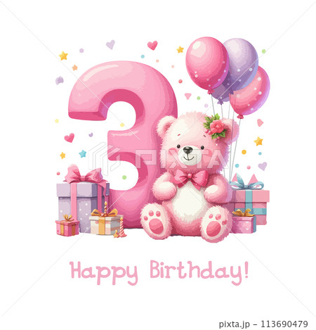 Watercolor birthday card with big number three and gift boxes. 113690479