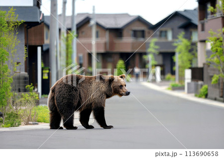 住宅街を食べ物を探して歩くヒグマ|獣害 住宅街を食べ物を探して歩くヒグマ|獣害 113690658