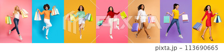 Vibrant Collage With Happy Women Joyfully Jumping With Shopping Bags Vibrant Collage With Happy Women Joyfully Jumping With Shopping Bags 113690665