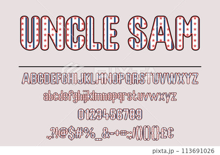 Uncle Sam with American Flag Color Font Set. Alphabet Design Uncle Sam with American Flag Color Font Set. Alphabet Design 113691026