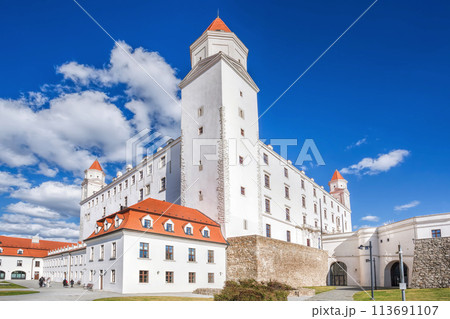 Bratislava Castle or Bratislavsky Hrad in Bratislava, capital city of Slovakia during spring day. Bratislava Castle is on hill above the Danube river. 113691107