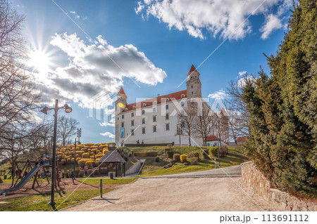 Bratislava Castle or Bratislavsky Hrad in Bratislava, capital city of Slovakia during spring day. Bratislava Castle is on hill above the Danube river. 113691112