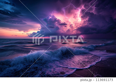 Stormy clouds, sun and rain over the ocean 113691173