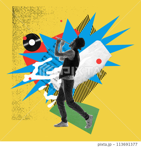 Monochrome image of young man playing clarinet on yellow background with abstract elements. Contemporary art collage. 113691377