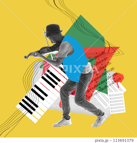 Monochrome textured image of young man playing violin on abstract yellow background. Contemporary art collage. 113691379