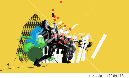 Talented guitarist rocking out on stage, playing guitar. Contemporary art collage. Adrenaline rush and rock and roll concert. Talented guitarist rocking out on stage, playing guitar. Contemporary art collage. Adrenaline rush and rock and roll concert. 113691384