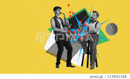 Two men playing saxophone on abstract yellow background. Soulful sounds of jazz. Contemporary art collage. Two men playing saxophone on abstract yellow background. Soulful sounds of jazz. Contemporary art collage. 113691386