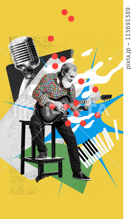Joy of music across generations. Senior man playing the guitar, expressing soulful sounds on abstract background. Contemporary art collage. 113691389