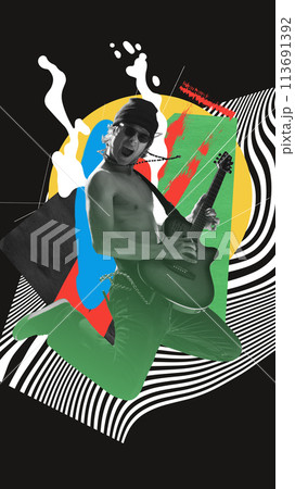 Energy of live performances. Shirtless, emotional young man musician playing guitar in motion. Rock and roll concert. Contemporary art collage. Energy of live performances. Shirtless, emotional young man musician playing guitar in motion. Rock and roll concert. Contemporary art collage. 113691392