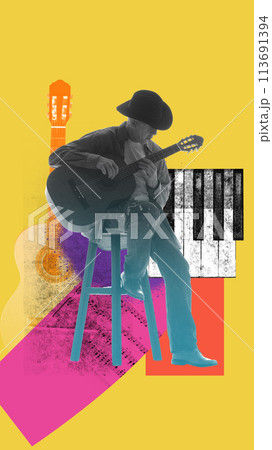 Timeless charm of music. Elderly man sitting on chair and playing guitar on abstract colorful background. Contemporary art collage. 113691394