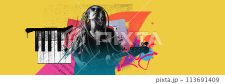Feel the rhythm and soul of the music come alive Young man with dreadlocks playing guitar. Contemporary art collage. Feel the rhythm and soul of the music come alive Young man with dreadlocks playing guitar. Contemporary art collage. 113691409