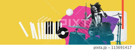 Feeling the beat and rhythm. Yugan woman passionately playing drums, capturing energy of live concert. Contemporary art collage. Feeling the beat and rhythm. Yugan woman passionately playing drums, capturing energy of live concert. Contemporary art collage. 113691417