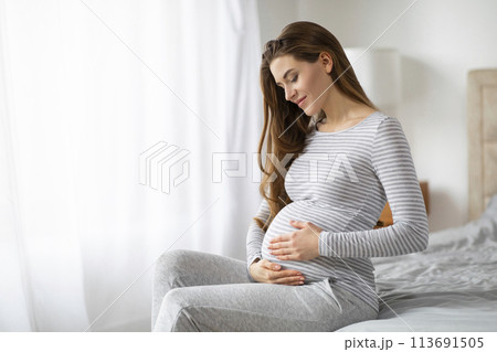 Expectant mother sitting thoughtfully at home, copy space Expectant mother sitting thoughtfully at home, copy space 113691505