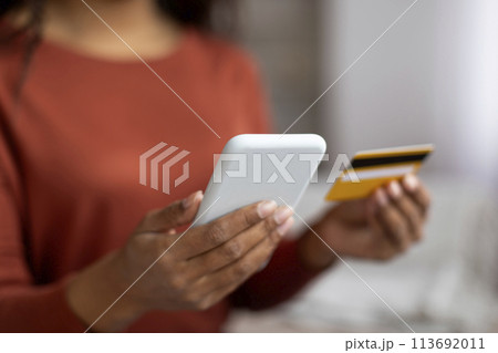Closeup of young black woman's hands holding smartphone and credit card, 113692011