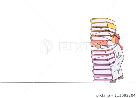 Single continuous line drawing Arab man hugging a very high pile of books. Hobby to collecting and reading books. Filling free time with useful things. Loving read. One line design vector illustration 113692204