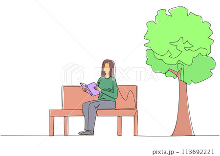 Single one line drawing woman sitting on park bench reading the book. Learn by re-reading the textbook. Read to get maximum marks. Reading increase insight. Continuous line design graphic illustration Single one line drawing woman sitting on park bench reading the book. Learn by re-reading the textbook. Read to get maximum marks. Reading increase insight. Continuous line design graphic illustration 113692221