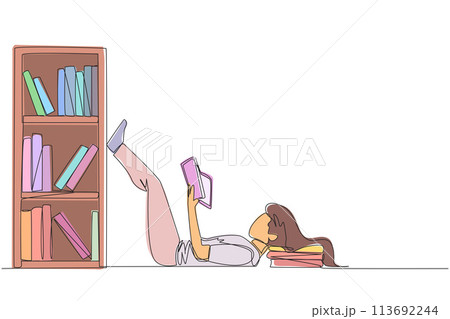 Continuous one line drawing woman lying on back reading fiction story book near bookcase. Read slowly to enjoy storyline. Hobby reading. Very good habit. Single line draw design vector illustration Continuous one line drawing woman lying on back reading fiction story book near bookcase. Read slowly to enjoy storyline. Hobby reading. Very good habit. Single line draw design vector illustration 113692244