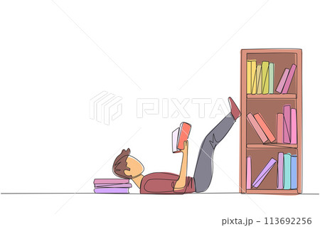 Single one line drawing man lying on back reading fiction story book near bookcase. Read slowly to enjoy the storyline. Hobby reading. Very good habit. Continuous line design graphic illustration Single one line drawing man lying on back reading fiction story book near bookcase. Read slowly to enjoy the storyline. Hobby reading. Very good habit. Continuous line design graphic illustration 113692256