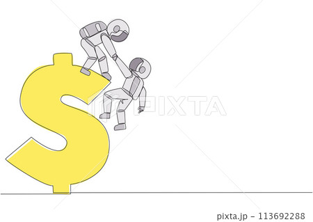 Single continuous line drawing young astronaut helps colleague climb big dollar symbol. Desire to develop business together. Super great teamwork. Cohesiveness. One line design vector illustration 113692288