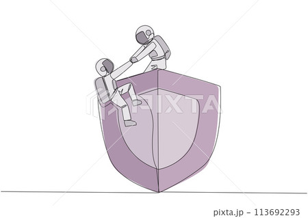 Continuous one line drawing young astronaut helps colleague climbs big shield. Teamwork keeps colleagues safe from evil astronaut. Helping each other. Single line draw design vector illustration 113692293
