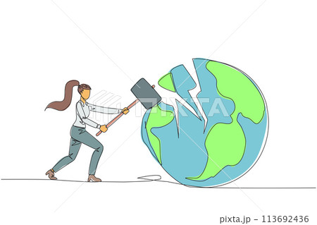 Continuous one line drawing businesswoman preparing to hit the big globe. Disappointed with the world. Businesses fall apart before it grow. Deepest anger. Single line draw design vector illustration Continuous one line drawing businesswoman preparing to hit the big globe. Disappointed with the world. Businesses fall apart before it grow. Deepest anger. Single line draw design vector illustration 113692436