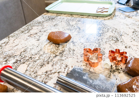 In a contemporary white kitchen, gingerbread cookie dough is skillfully rolled out, setting the stage for a delightful holiday treat. In a contemporary white kitchen, gingerbread cookie dough is skillfully rolled out, setting the stage for a delightful holiday treat. 113692525