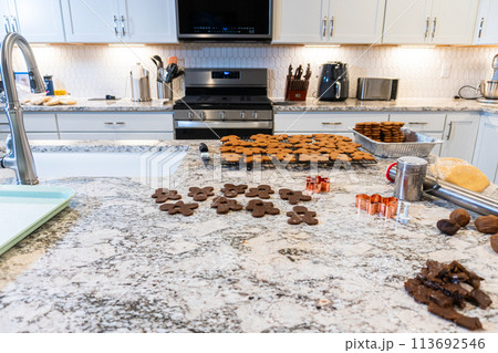 In a contemporary white kitchen, gingerbread cookie dough is skillfully rolled out, setting the stage for a delightful holiday treat. In a contemporary white kitchen, gingerbread cookie dough is skillfully rolled out, setting the stage for a delightful holiday treat. 113692546