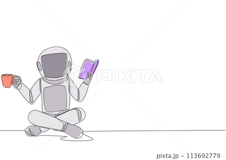 Single one line drawing astronaut sitting cross-legged reading the book. Accompanied by mug of coffee to make reading more interesting. Knowledge. Calmness. Continuous line design graphic illustration Single one line drawing astronaut sitting cross-legged reading the book. Accompanied by mug of coffee to make reading more interesting. Knowledge. Calmness. Continuous line design graphic illustration 113692779