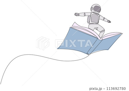 Continuous one line drawing astronaut standing on large flying open book. Like riding a cloud, able to fly as high as possible. Reading increase insight. Single line draw design vector illustration 113692780