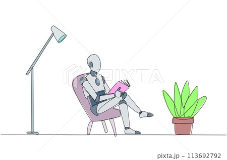 Single continuous line drawing smart robot sitting reading in room with the reading lamp. Spending holidays increasing knowledge by reading the books. Love reading. One line design vector illustration 113692792