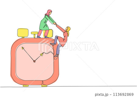 Single continuous line drawing Arabian businesswoman helps colleague climb alarm clock. Helping coworkers. Deadline is coming. Work together for better end result. One line design vector illustration Single continuous line drawing Arabian businesswoman helps colleague climb alarm clock. Helping coworkers. Deadline is coming. Work together for better end result. One line design vector illustration 113692869