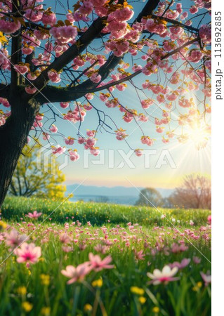 Beautiful spring landscape with blooming sakura tree on meadow 113692885