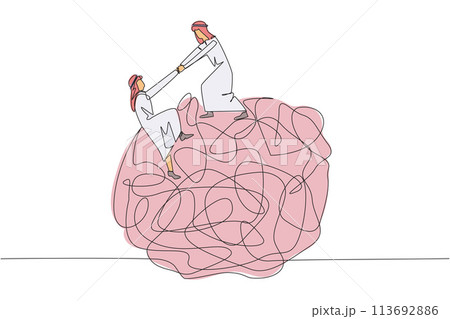 Single continuous line drawing Arab businessman helps colleague climb big heavy messy circle. Teamwork eliminates anxiety. Eliminate stress to focus on business. One line design vector illustration 113692886