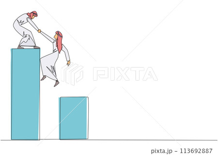 Continuous one line drawing Arab businessman helps colleague climb bar graph. Helps to climb to higher ground. Move forward and success together. Teamwork. Single line draw design vector illustration 113692887