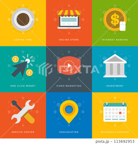 Flat design icons symbols for website and promotion banners. Flat design icons symbols for website and promotion banners. 113692953