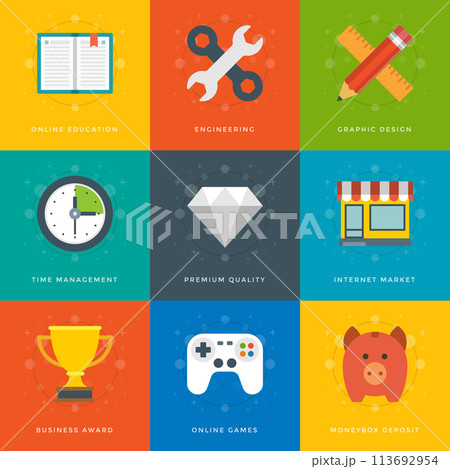 Flat design icons symbols for website and promotion banners. Flat design icons symbols for website and promotion banners. 113692954