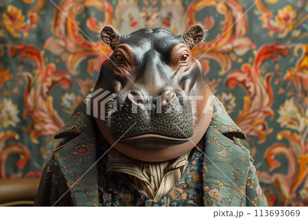Portrait of a hippopotamus in stylish vintage clothes in a retro interior 113693069
