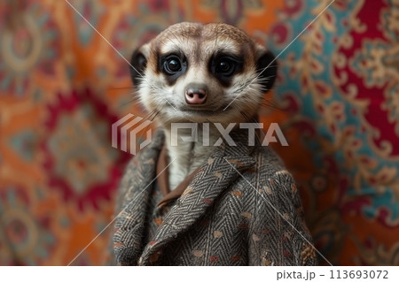 Portrait of a meerkat in stylish vintage clothes in a retro interior 113693072