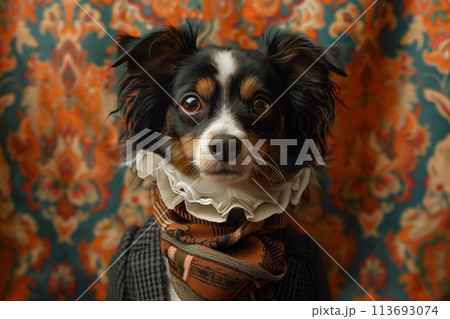 Portrait of a cute dog in stylish vintage clothes in a retro interior 113693074