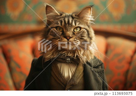 Portrait of a striped grey cat in stylish vintage clothes in a retro interior 113693075