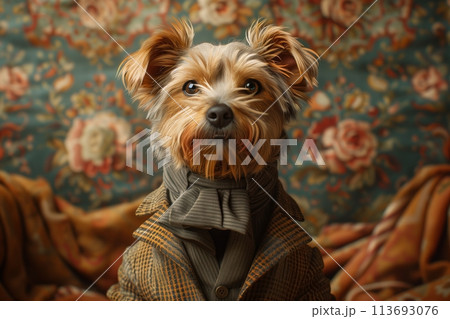 Portrait of a Yorkshire Terrier dog in stylish vintage clothes in a retro interior 113693076