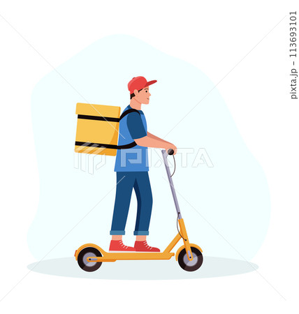 Courier with a bag for delivering food on an electric scooter. Vector illustration, the concept of a delivery service. Courier with a bag for delivering food on an electric scooter. Vector illustration, the concept of a delivery service. 113693101