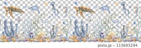 Underwater seamless banner with sea animals and fish on isolated background. Hand drawn watercolor illustration with tropical marine flora. Undersea pattern with seabed, corals, reefs and seaweeds. 113693294
