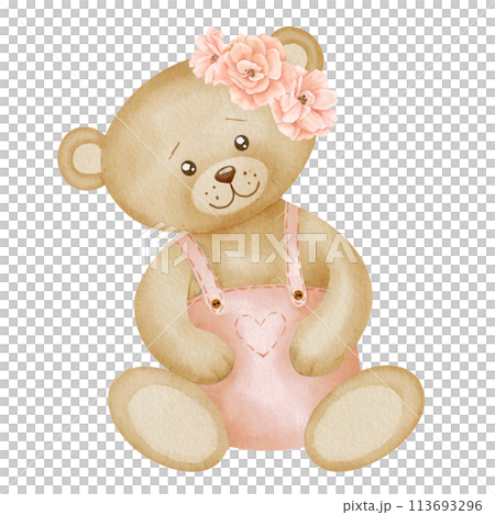 Teddy Bear watercolor illustration. Hand drawn sketch of little cute animal in pastel brown and pink colors with flowers for Baby shower invitations or happy birthday greeting cards. Drawing for girl. Teddy Bear watercolor illustration. Hand drawn sketch of little cute animal in pastel brown and pink colors with flowers for Baby shower invitations or happy birthday greeting cards. Drawing for girl. 113693296