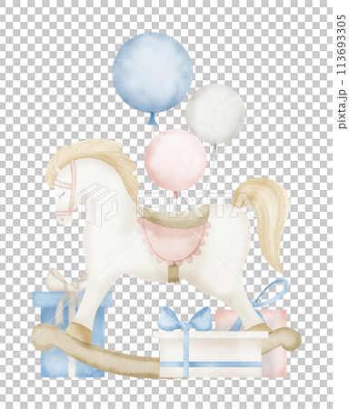 Rocking Horse watercolor illustration in pastel pink and blue colors. Hand drawn Toy with balloons and gift boxes for greeting cards or birthday invitations. Childish drawing for kids celebration. 113693305