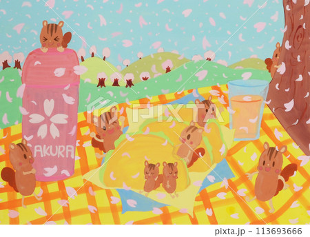 たくさんのしまりすがお花見をしているイラスト たくさんのしまりすがお花見をしているイラスト 113693666