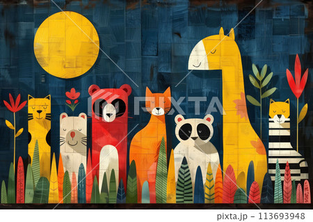 Geometrically patterned animal portraits in bright colors 113693948
